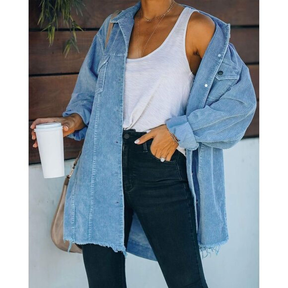 Womens Blue Oversized Corduroy Shirt Jacket Casual Button Down Retro - Picture 2 of 5